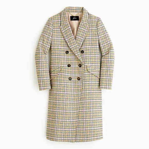 J. Crew Plaid Long Peacoat Double Breasted Italian Wool Ivory Pink Size 4 - Picture 6 of 14